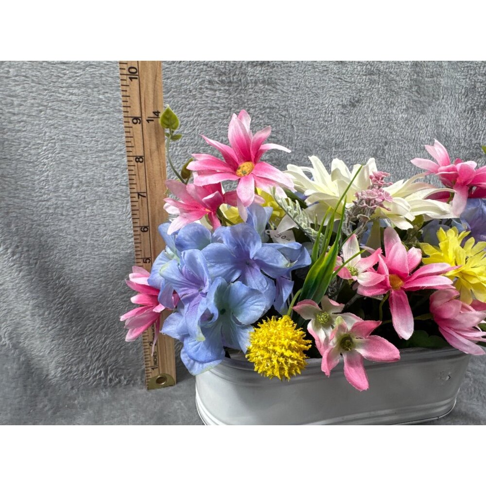 Artificial Floral Arrangement In White Metal Planter Pink Yellow Blue & White - Picture 4 of 5